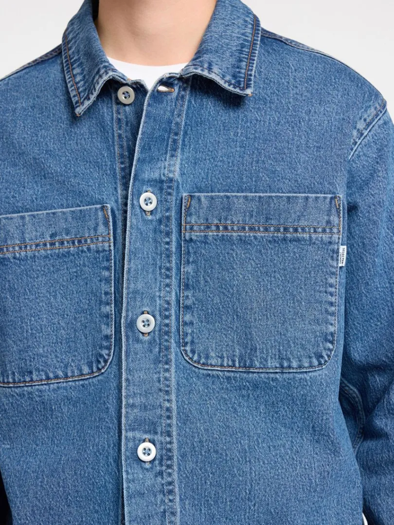 bl_denim_overshirt_5.webp Overtøj | Skjorter>SELECTED BLÅ DENIM OVERSHIRT Blue