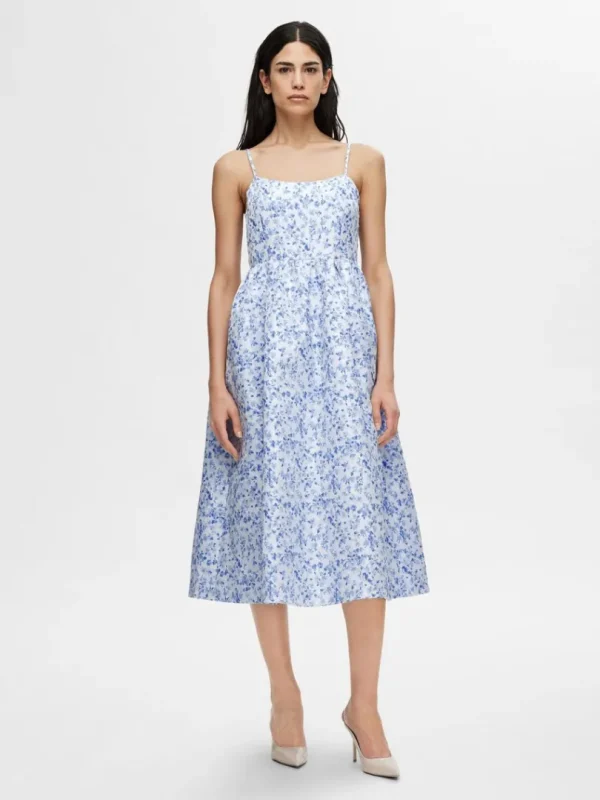 Kjoler>SELECTED BLOMSTERPRINTET ÆRMELØS MIDIKJOLE Blue