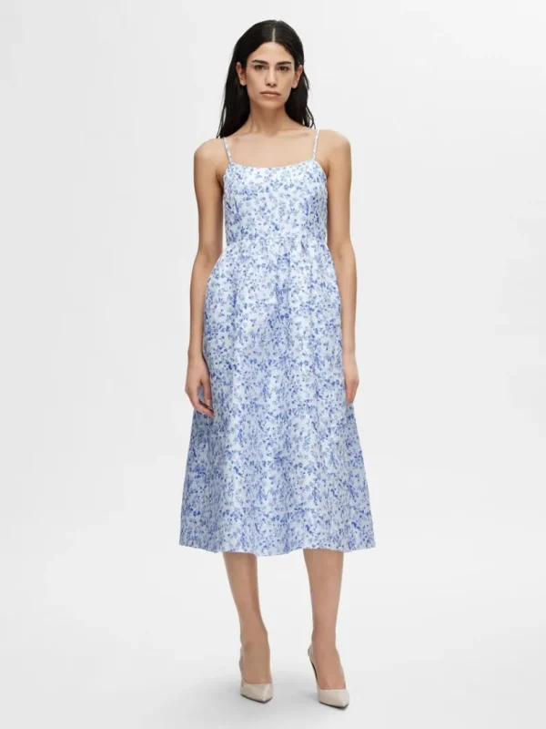 Kjoler>SELECTED BLOMSTERPRINTET ÆRMELØS MIDIKJOLE Blue