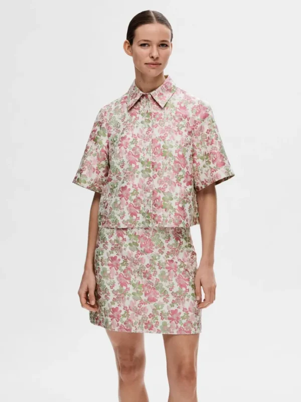 Skjorter>SELECTED BLOMSTRET JACQUARD KORTÆRMET SKJORTE Coloured