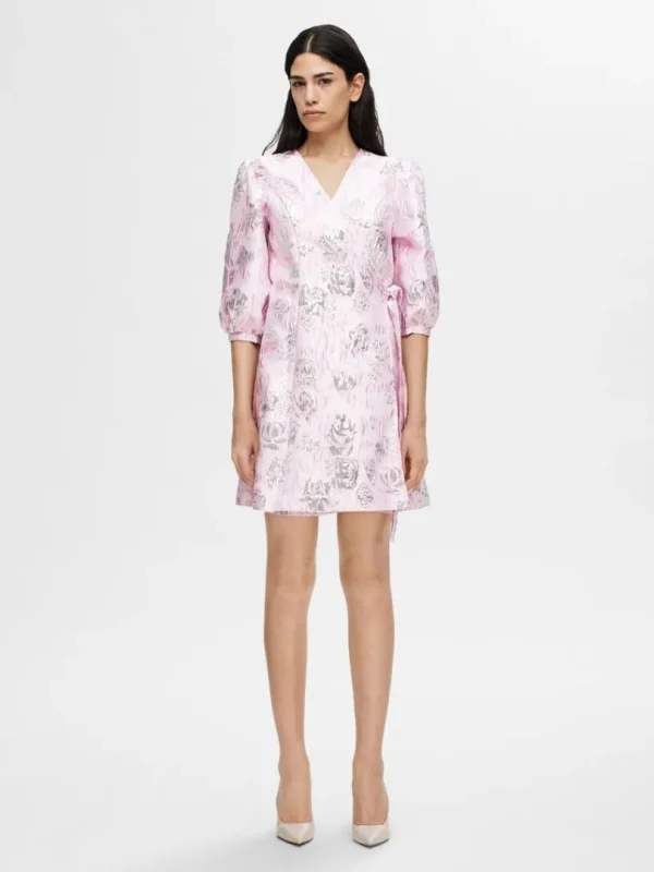 Kjoler>SELECTED BLOMSTRET JACQUARD SLÅ OM KJOLE Pink