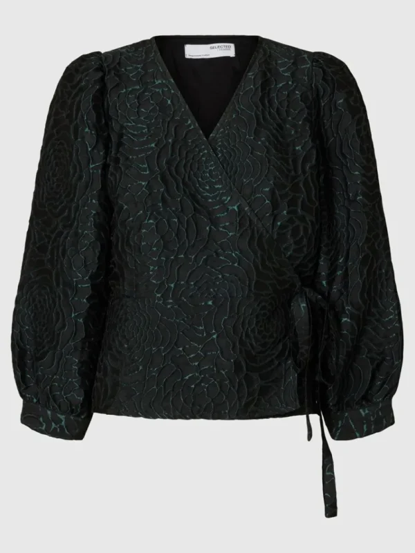 Toppe Og Bluser>SELECTED BLOMSTRET JACQUARD SLÅ-OM-BLUSE Green