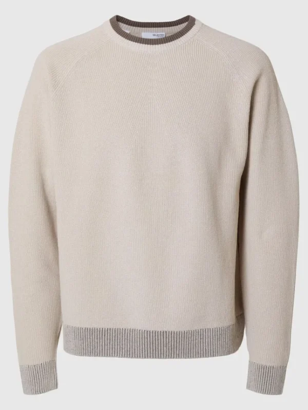 Strik>SELECTED 100% BOMULD SWEATER MED RUND HALS Beige