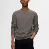 Strik>SELECTED 100% BOMULD SWEATER MED RUND HALS Grey