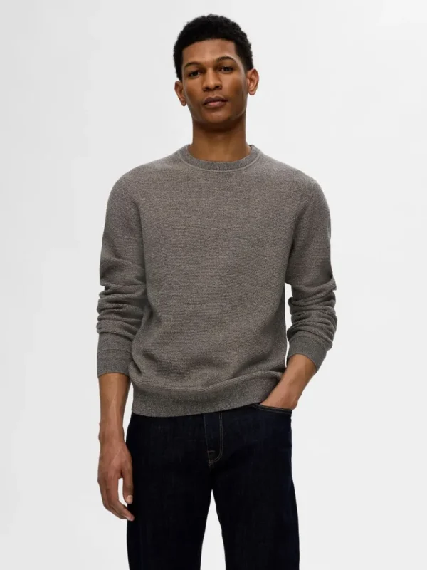 Strik>SELECTED 100% BOMULD SWEATER MED RUND HALS Grey