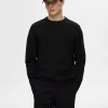 Strik>SELECTED 100% BOMULD SWEATER MED RUND HALS Black