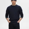 Strik>SELECTED 100% BOMULD SWEATER MED RUND HALS Blue