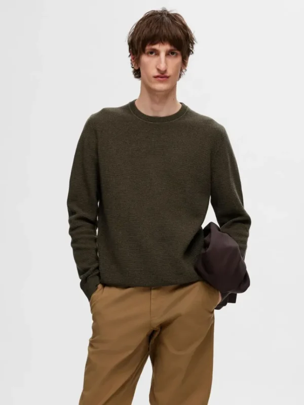 Strik>SELECTED 100% BOMULD SWEATER MED RUND HALS Green