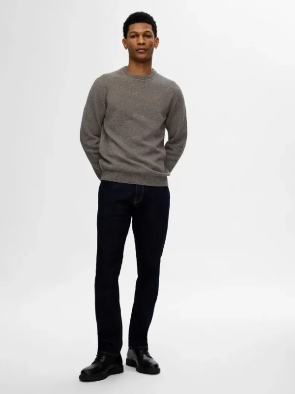 Strik>SELECTED 100% BOMULD SWEATER MED RUND HALS Grey