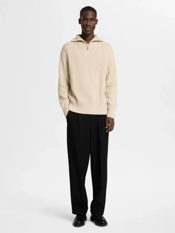 Strik>SELECTED 100% BOMULD TRØJE MED HALV LYNLÅS Beige