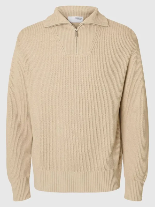 Strik>SELECTED 100% BOMULD TRØJE MED HALV LYNLÅS Beige