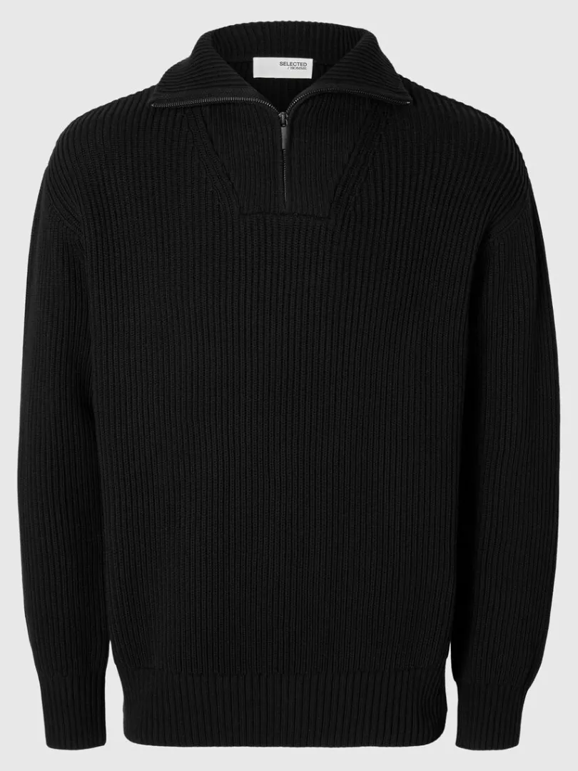 bomuld_trje_med_halv_lyn_4.webp Strik>SELECTED 100% BOMULD TRØJE MED HALV LYNLÅS Black