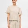 Toppe Og Bluser>SELECTED BRODERET TOP MED KORTE ÆRMER Beige