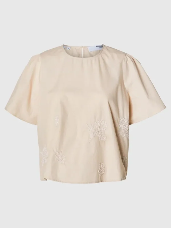 Toppe Og Bluser>SELECTED BRODERET TOP MED KORTE ÆRMER Beige
