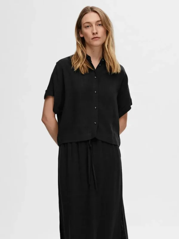 Skjorter>SELECTED CROPPED KORTÆRMET SKJORTE Black