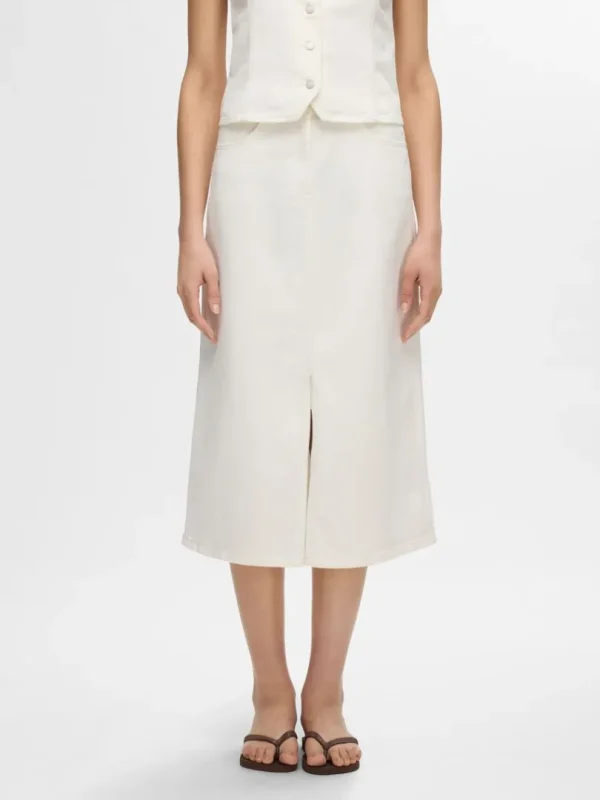Nederdele>SELECTED DENIM MIDINEDERDEL White