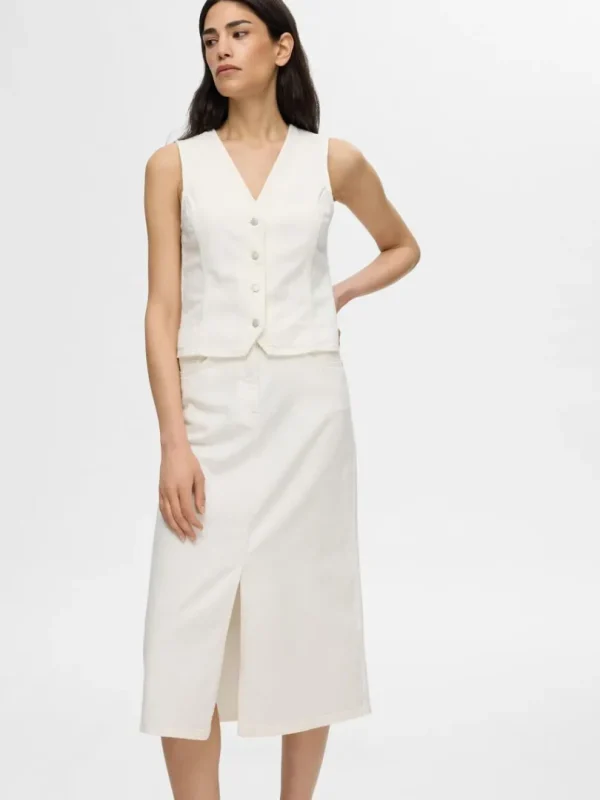 Nederdele>SELECTED DENIM MIDINEDERDEL White