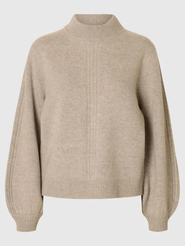 Strik>SELECTED DETALJERET HØJHALSET TRØJE Beige
