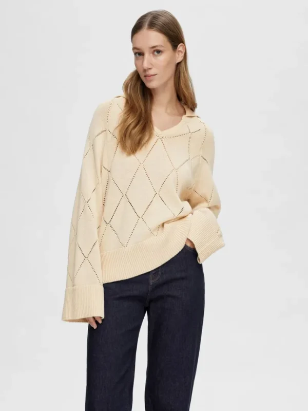 Strik>SELECTED DIAMANDPRINT STRIKTRØJE Beige
