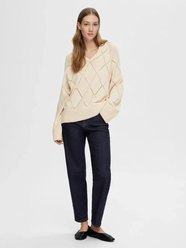 Strik>SELECTED DIAMANDPRINT STRIKTRØJE Beige