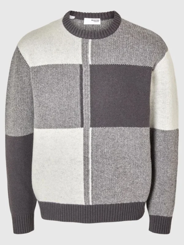 Strik>SELECTED FARVEBLOK SWEATER MED RUND HALS Grey