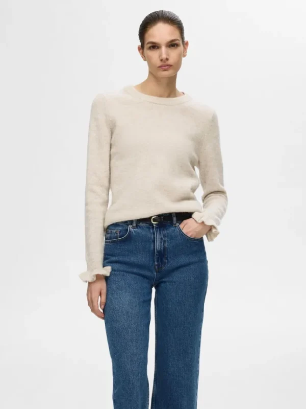Strik>SELECTED FLÆSEÆRMER STRIKTRØJE Beige
