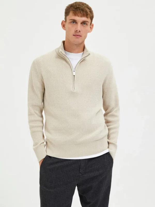 Strik>SELECTED HALF ZIP PULLOVER Beige