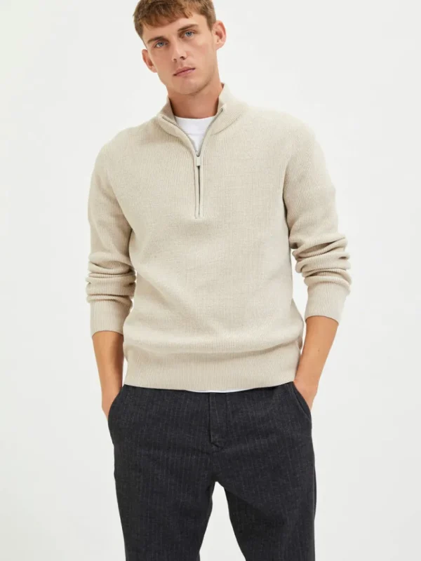 Strik>SELECTED HALF ZIP PULLOVER Beige