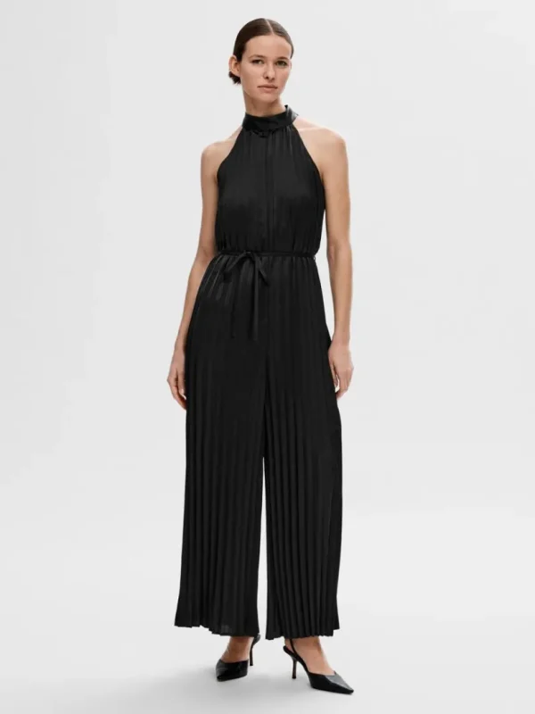 Kjoler>SELECTED HALTERNECK PLISSERET BUKSEDRAGT Black