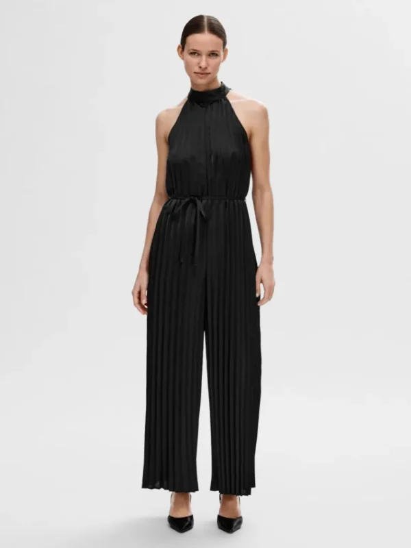 Kjoler>SELECTED HALTERNECK PLISSERET BUKSEDRAGT Black
