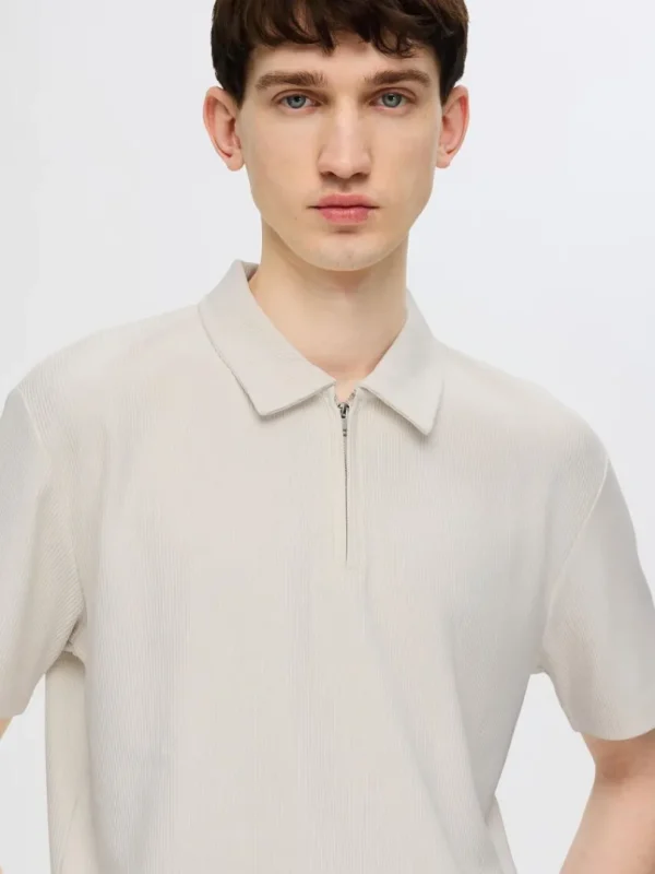 Poloer>SELECTED HALV LYNLÅS PLISSÉ POLO Beige