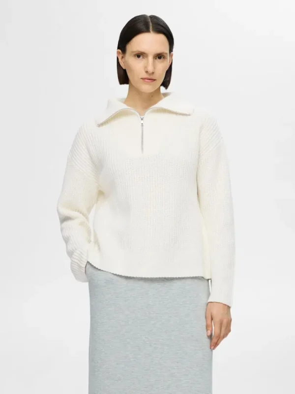 Strik>SELECTED HALV LYNLÅS PULLOVER White