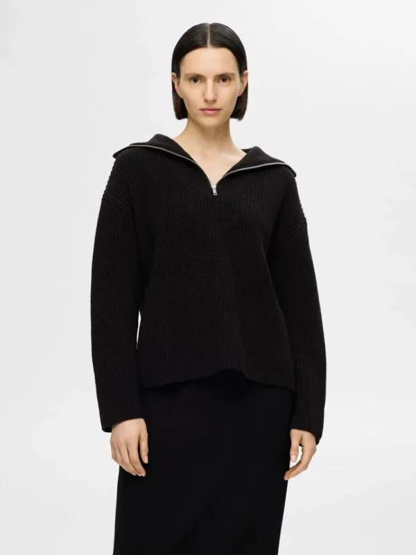 Strik>SELECTED HALV LYNLÅS PULLOVER Black