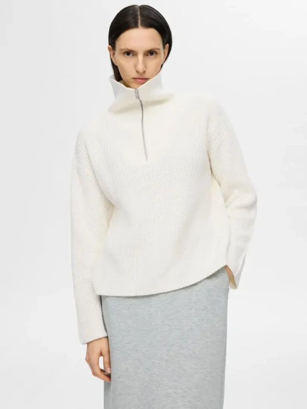Strik>SELECTED HALV LYNLÅS PULLOVER White