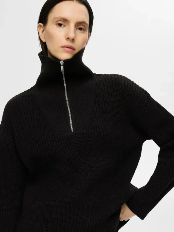 Strik>SELECTED HALV LYNLÅS PULLOVER Black