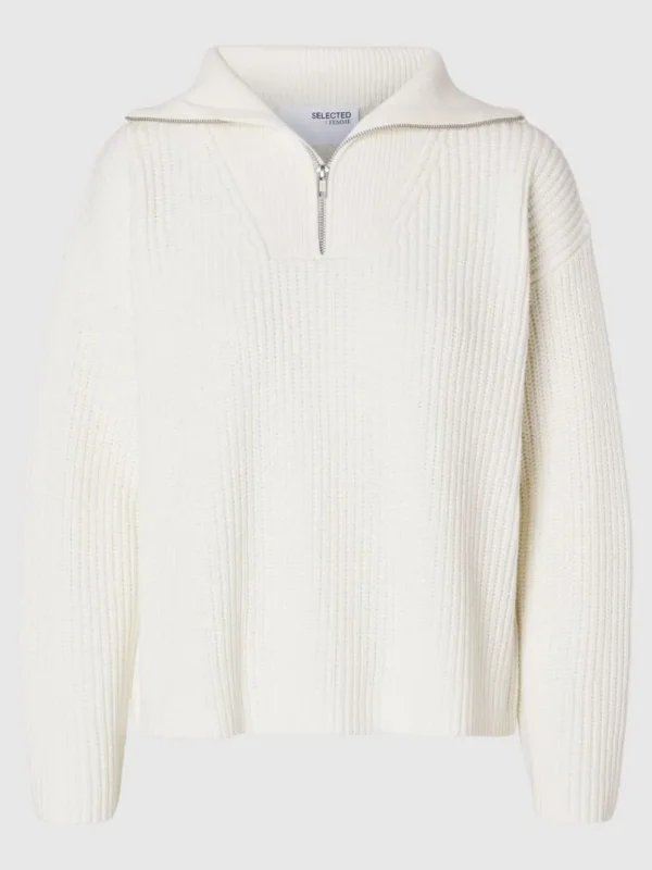 Strik>SELECTED HALV LYNLÅS PULLOVER White