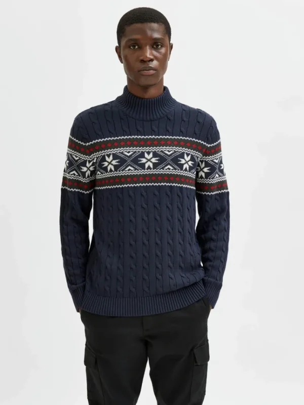 Strik>SELECTED - HØJ HALS JULESWEATER Blue