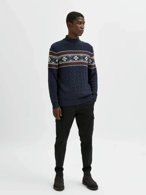 Strik>SELECTED - HØJ HALS JULESWEATER Blue