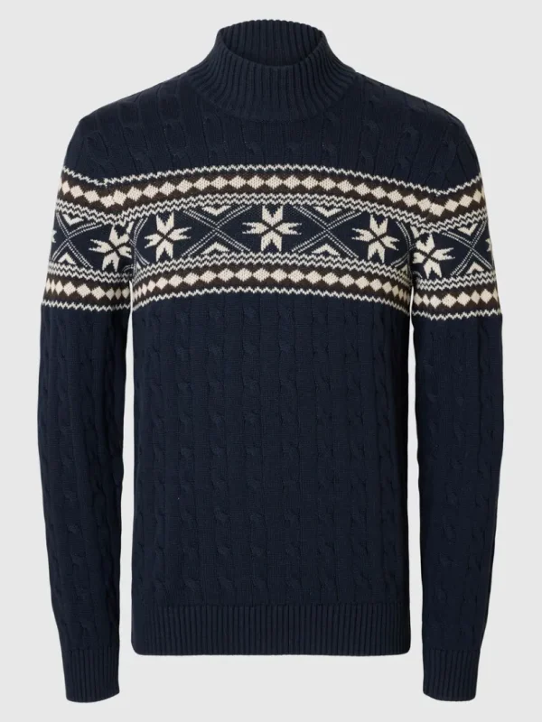 Strik>SELECTED - HØJ HALS JULESWEATER Blue