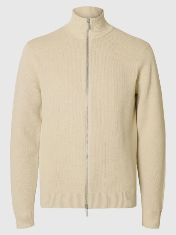 Strik>SELECTED HØJ HALS MED LYNLÅS STRIKKET CARDIGAN Beige