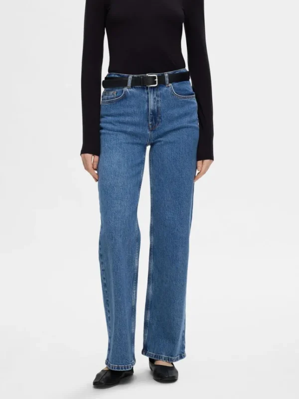Jeans>SELECTED HØJTALJET JEANS MED VIDE BEN Blue