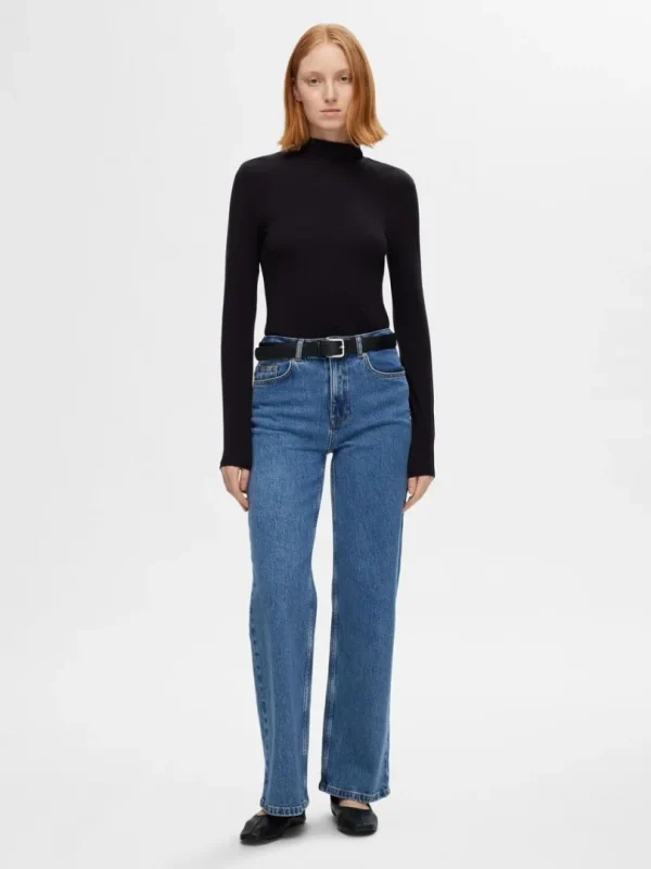 Jeans>SELECTED HØJTALJET JEANS MED VIDE BEN Blue