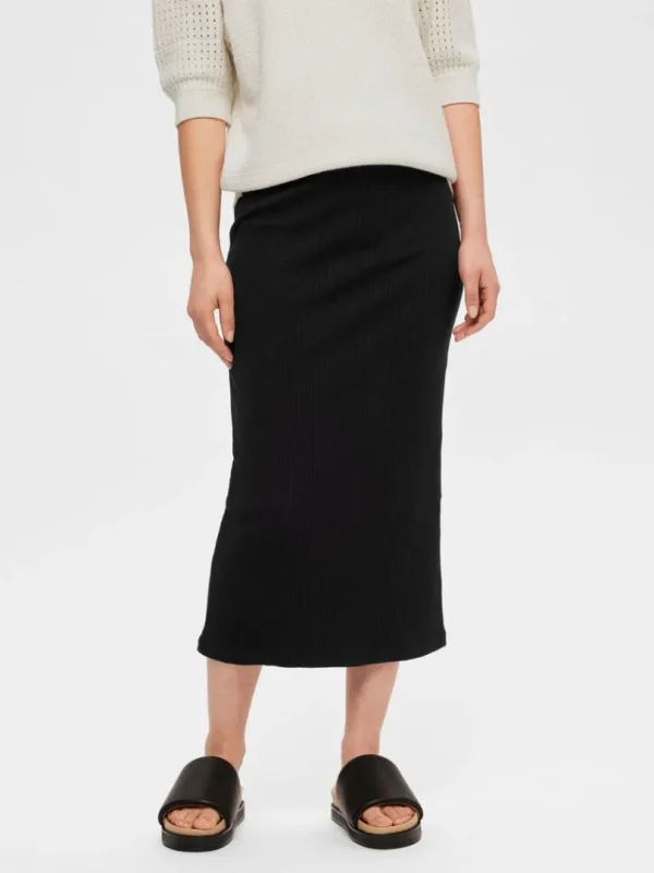 Nederdele>SELECTED HØJTALJET MIDINEDERDEL Black