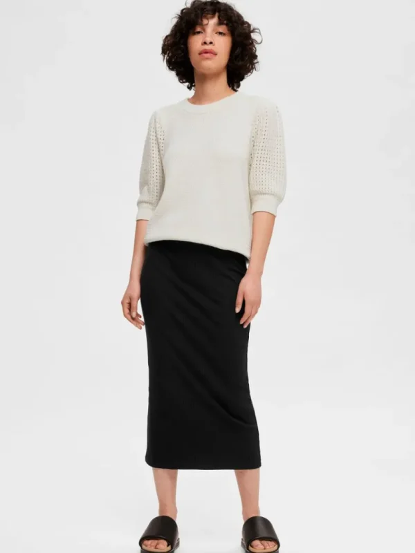 Nederdele>SELECTED HØJTALJET MIDINEDERDEL Black