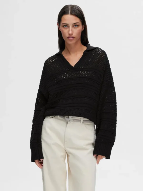 Strik>SELECTED HÆKLESTIL PULLOVER Black