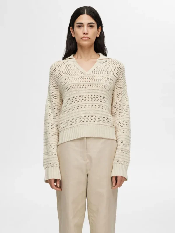Strik>SELECTED HÆKLESTIL PULLOVER Beige