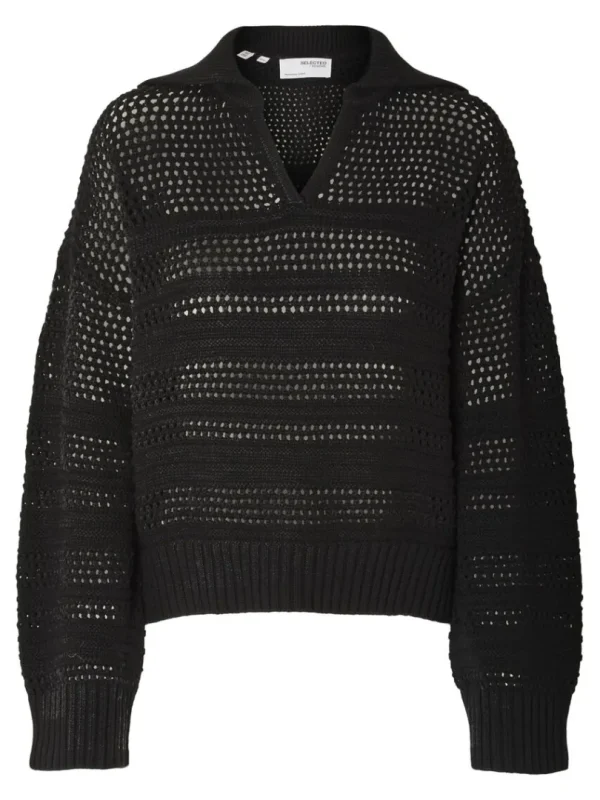 Strik>SELECTED HÆKLESTIL PULLOVER Black