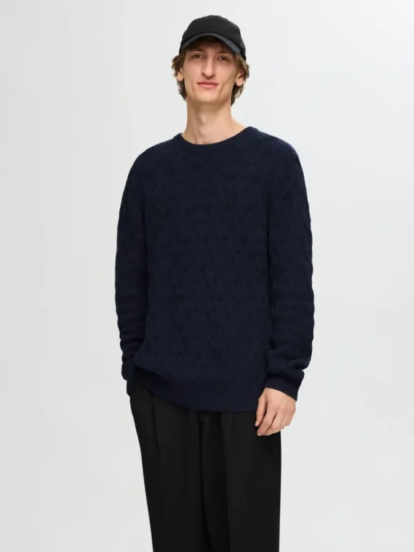 Strik>SELECTED KABELSTRIK SWEATER MED RUND HALS Blue