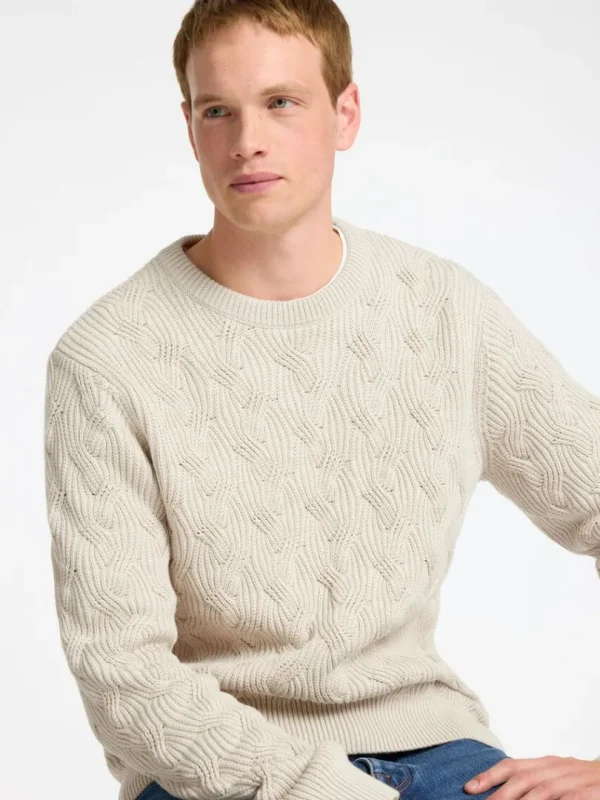 Strik>SELECTED KABELSTRIK SWEATER MED RUND HALS Beige