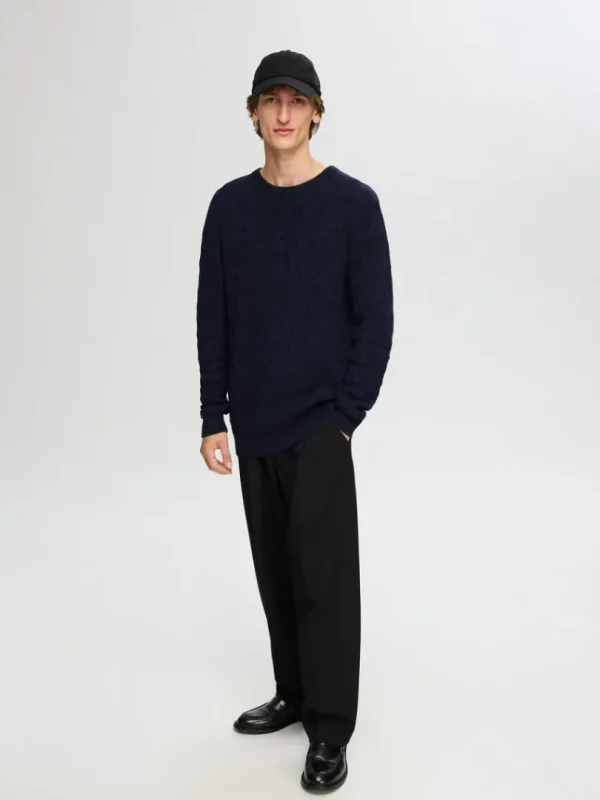 Strik>SELECTED KABELSTRIK SWEATER MED RUND HALS Blue